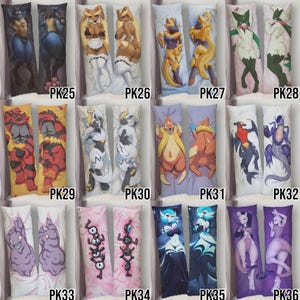 May include: A collection of body pillows featuring various anime-style character designs. The pillows showcase a range of colors and character poses, with each pillow labeled with a "PK" followed by a number.