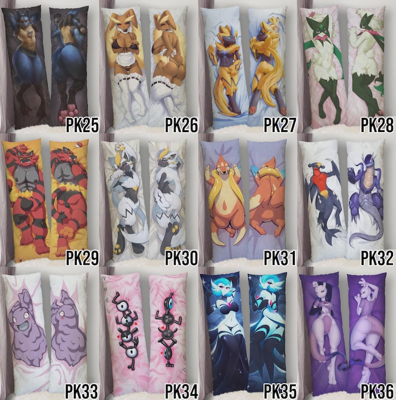 May include: A collection of body pillows featuring various anime-style character designs. The pillows showcase a range of colors and character poses, with each pillow labeled with a "PK" followed by a number.