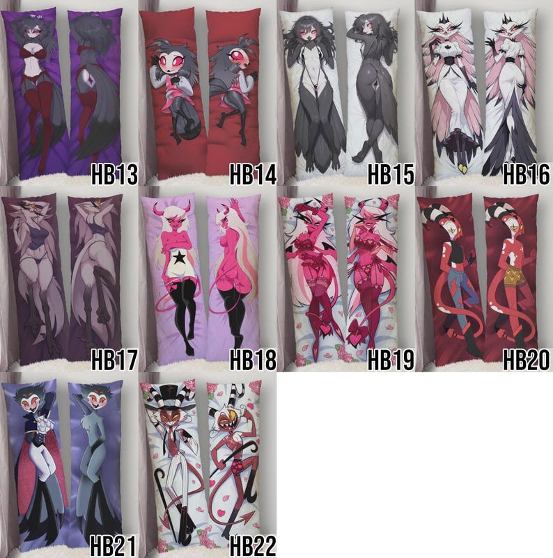 May include: A collection of body pillow covers featuring various anime-style character designs. The covers display full-body illustrations in vibrant colors, with a variety of poses and outfits. Each cover is labeled with a "HB" code followed by a number.