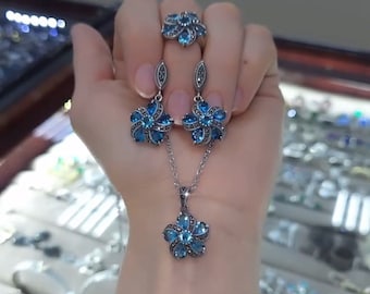 925k Sterling Silver Turkish Handmade Flower Aquamarine Turquoise Stone Jewelry Set, Turquoise Ring, Turquoise Earring, Pendant