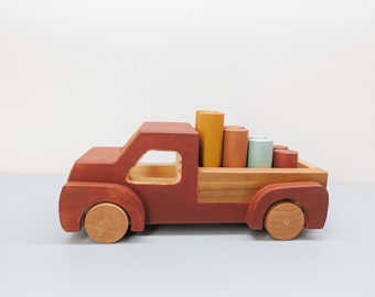 Wooden Toy Truck w/ Color Logs | Pickup Truck | Montessori Toy| Waldorf Toys | Open-ended play | Wooden Cylinders