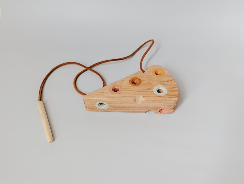 Wooden Lacing Toy Cheese Montessori Toddler Motor Skills Development Handcrafted Hand painted Leather Cord Waldorf image 4
