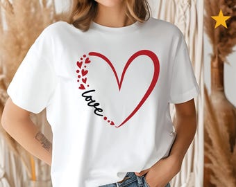 Heart Script Love Tee | Red Heart Outline with Small Hearts