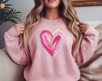 Painted Watercolor Heart Crewneck Sweatshirt | Pink Turquoise Brushstroke Heart
