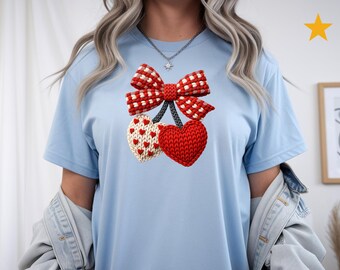 Knitted Heart Cherry with Gingham Bow Tee | Valentine's Cute Retro Heart Tee