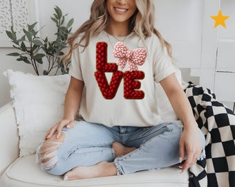 Knit LOVE with Bow T-Shirt | Valentine Heart Sweater Texture Tee