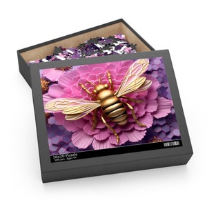 Rompecabezas de flor 3D de abeja dorada rosa y púrpura, material de cartón, 3 TAMAÑOS disponibles, técnica de sublimación (120, 252 o 500 piezas)