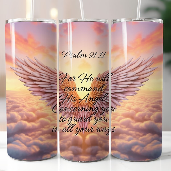 Angel Wings Psalms Scripture 20 oz Skinny Tumbler Sublimation Wrap Design, Instant Digital Download PNG, Straight Tumbler Wrap, Heaven, God