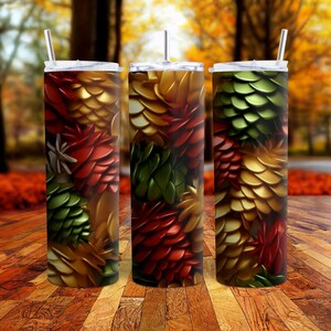 3D Pine Cones Green Burgundy Brown Red 20 oz Skinny Tumbler Sublimation Wrap Design, Instant Digital Download PNG, Straight Tumbler Wrap