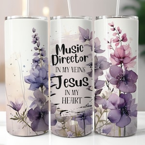 Music Director Worship Watercolor Flowers 20 oz Skinny Tumbler Sublimation Wrap Design, Instant Digital Download PNG, Straight Tumbler Wrap