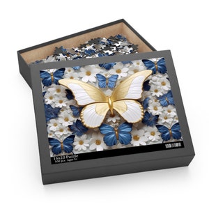 Rompecabezas de mariposa 3D azul, blanco y dorado, material de cartón, 3 TAMAÑOS para elegir, técnica de sublimación (120, 252 o 500 piezas)
