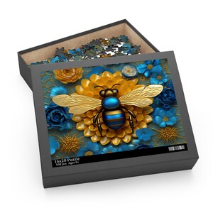 Rompecabezas 3D Flor y Abeja Azul y Oro, material de cartón, 3 TAMAÑOS a elegir, técnica de sublimación (120, 252 O 500 Piezas)