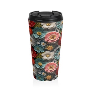 3D Embroidery Flowers Pattern 15oz Travel Mug with Flip-Top Sip Lid, Stainless Steel, Tapered Cup, Coworker Thank You Gift, Floral Tumbler