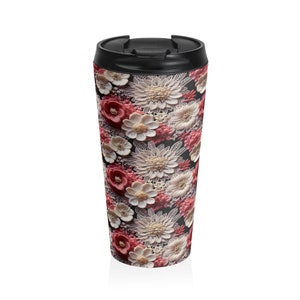 3D Embroidery Flowers Pattern 15oz Travel Mug with Flip-Top Sip Lid, Stainless Steel, Tapered Cup, Coworker Thank You Gift, Floral Tumbler