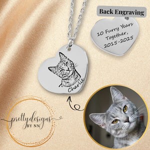 Heart Pendant with Photo & Name, Cat Portrait Necklace, Personalized Cat Loss Keepsake, Heart Necklace Gift for Cat Mom, Sentimental Giftful