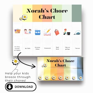 Puede incluir: Un colorido cuadro de tareas titulado "Norah's Chore Chart" con ilustraciones de tareas como guardar los platos y sacar la basura. Incluye un botón de descarga y el texto "¡Ayuda a tus hijos a hacer sus tareas sin problemas!"