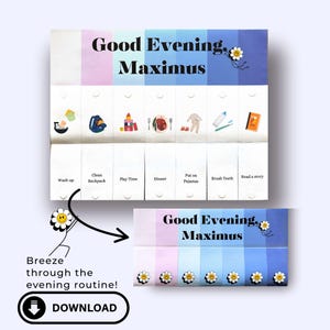 Puede incluir: Un cuadro de rutina vespertina en colores pastel con el texto "Good Evening, Maximus". El cuadro incluye tareas ilustradas como "Wash up", "Clean Backpack" y "Read a story". También hay un gráfico de margarita.