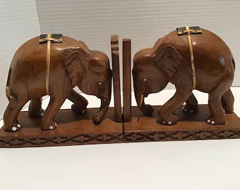 Vintage wood carved Elephant Book Ends