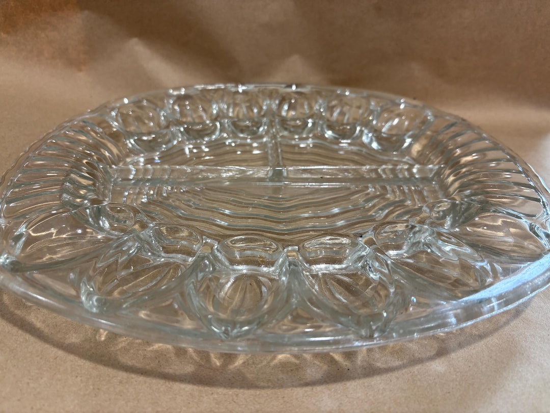 Oval Ripple Vintage LE Smith Glass Oval Ripple Deviled Egg Platter With 3 Section ...