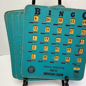 Tarjetas de bingo vintage, tarjetas de bingo Pla-Mor de la década de 1960 con ventanas corredizas - juego de 5