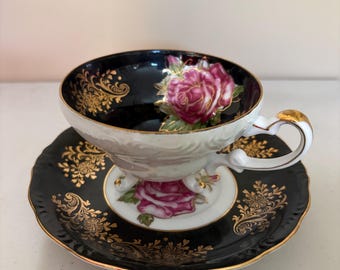 Royal Halsey Tasse & Untertasse Schwarz mit Rose & Dreibein