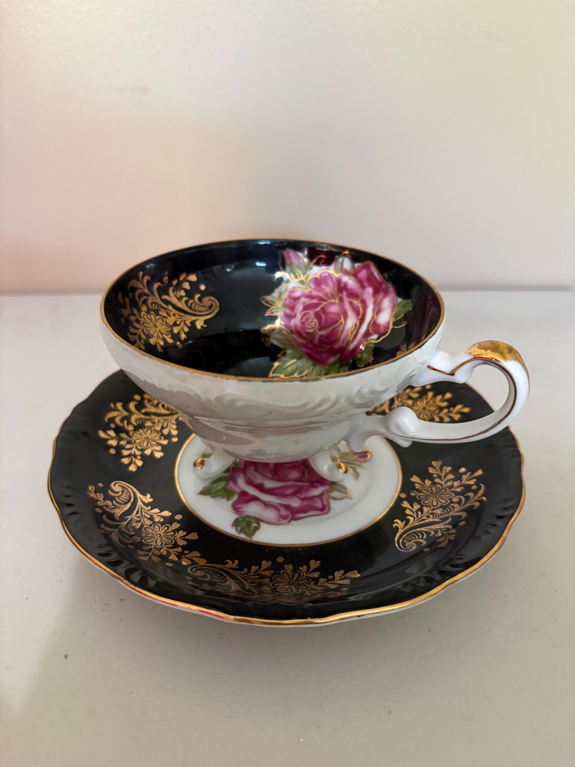Royal Halsey Cup and Saucer Black With Rose & Tri- Footed - Etsy