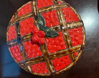 Vintage Ceramic Pie Dish Keeper Cherry Lattice - two piece