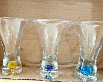 Hand Blown Cordial Shot glasses with bubble in bottom stem. Set of 3 - 4 inches high