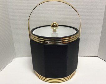 Cubo de hielo octogonal de MCM de los años 60: vinilo negro con detalles dorados