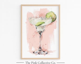 Pink Watercolor Margarita Print, Salted Rim Cocktail Bar Art (Digital Download)