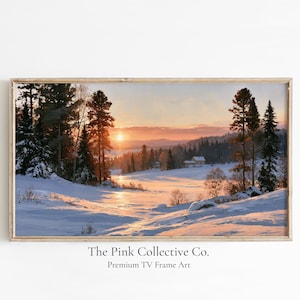 Winter Cabin TV Art, Snowy Sunset Landscape, Cozy Woodland Scene (Digital Download)