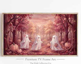Pink Halloween Ghosts Frame TV Art, Whimsical Fall Forest Decor (Digital Download)