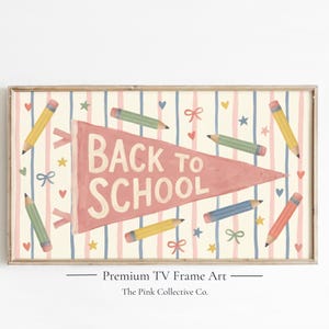 May include: A rectangular wall art print featuring a pink pennant flag with the text BACK TO SCHOOL in cream letters. The background has vertical blue stripes, scattered colorful pencils, small stars, hearts, and bows in a repeating pattern.