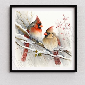 Cardinals in the Snow- Mother's Day- Watercolor Print Instant Download, PNG, Cardinal