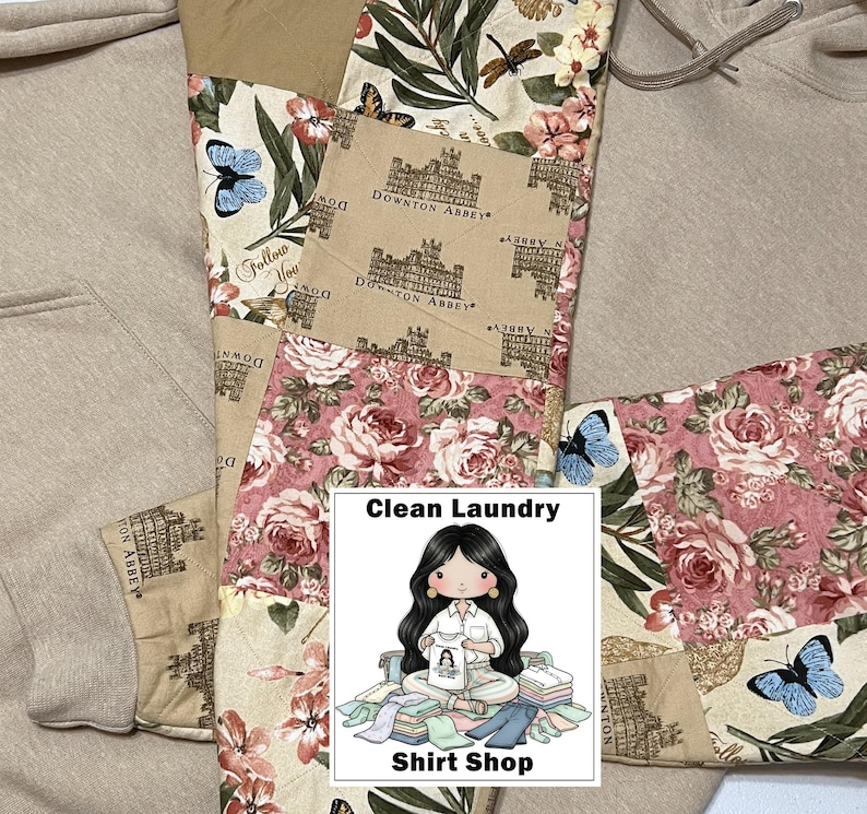 Downton Abbey Quilted Sleeve Hoodie, Floral Patchwork Sweatshirt (XL) image 1