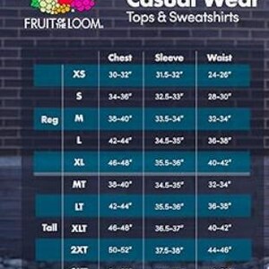 May include: A size chart for Fruit of the Loom casual wear tops and sweatshirts. The chart includes chest, sleeve, and waist measurements in inches for sizes XS to 3XT. The Fruit of the Loom logo is in the top left corner.