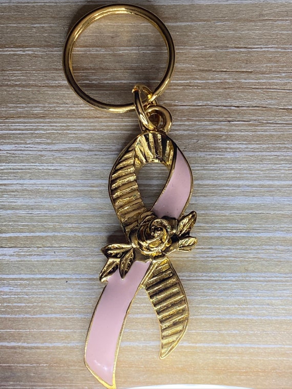 Vintage Breast Cancer Pink Ribbon Key Ring, Avon 1