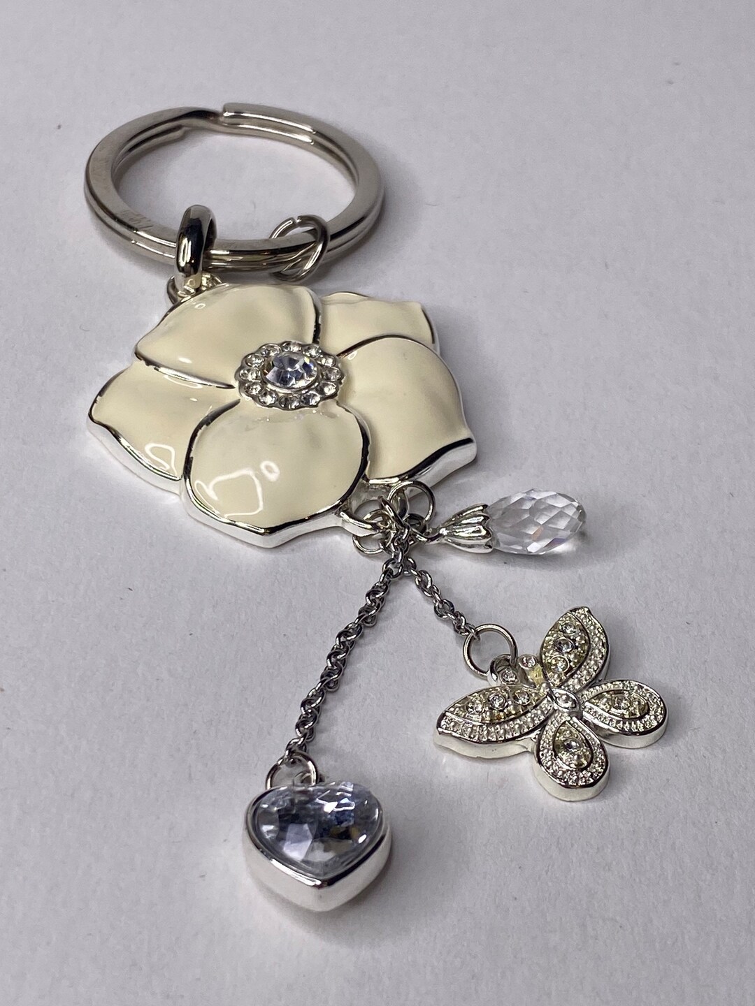 Keychains, Flower Keychain With Butterfly Heart and Crystal Charms