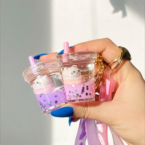 Kawaii Boba Milk Tea Bubble Tea Liquid Key Chain, Cute Boba Tea Keychain Milk Tea Couple Keychains Liquid Keychain wrist lanyard kawaii girl