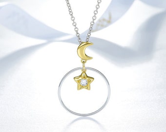 Gold Star and Moon Hoop Necklace, Celestial Circle Drop Necklace, CZ necklace, Hoop pendant, 18K Real Gold Plated, Gifts for her