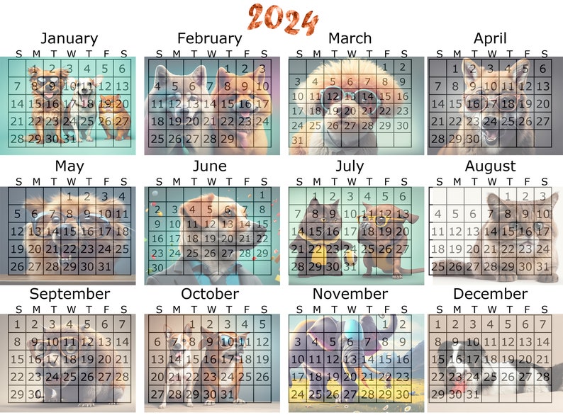 2024 Yearly Calendar With Animals Looking Hilarious Digital Print Etsy