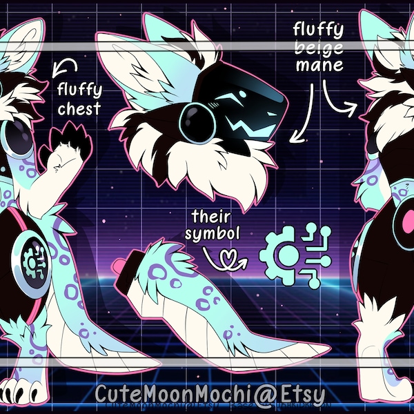 High quality detailed protogen reference fursona adopt furry character full reference (ref sheet)