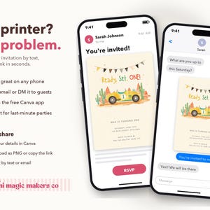 May include: Two smartphones display a digital birthday invitation featuring a yellow race car, cacti, and the text Ready, Set, ONE! The invitation includes space for event details and an RSVP button, presented in a mobile messaging interface.