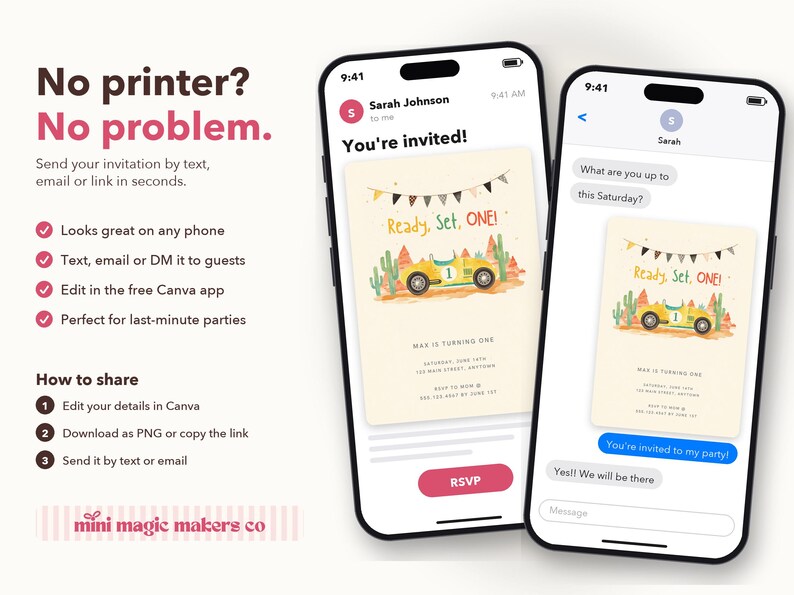 May include: Two smartphones display a digital birthday invitation featuring a yellow race car, cacti, and the text Ready, Set, ONE! The invitation includes space for event details and an RSVP button, presented in a mobile messaging interface.