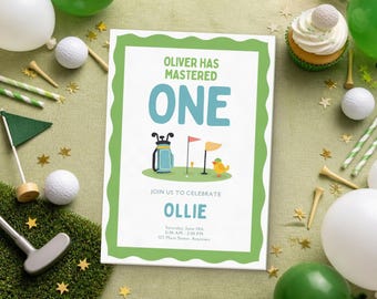 May include: A rectangular invitation card with a wavy green border featuring the text OLIVER HAS MASTERED ONE, OLLIE, and event details. The graphic shows a golf bag, a flag, and a yellow bird on a green patch of grass.