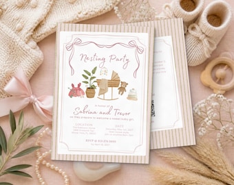 May include: A rectangular invitation card with a beige striped border and a white center featuring the text Nesting Party in honor of Sabrina and Trevor. The design includes illustrations of a baby bassinet, a potted plant, a teddy bear, and a dress.