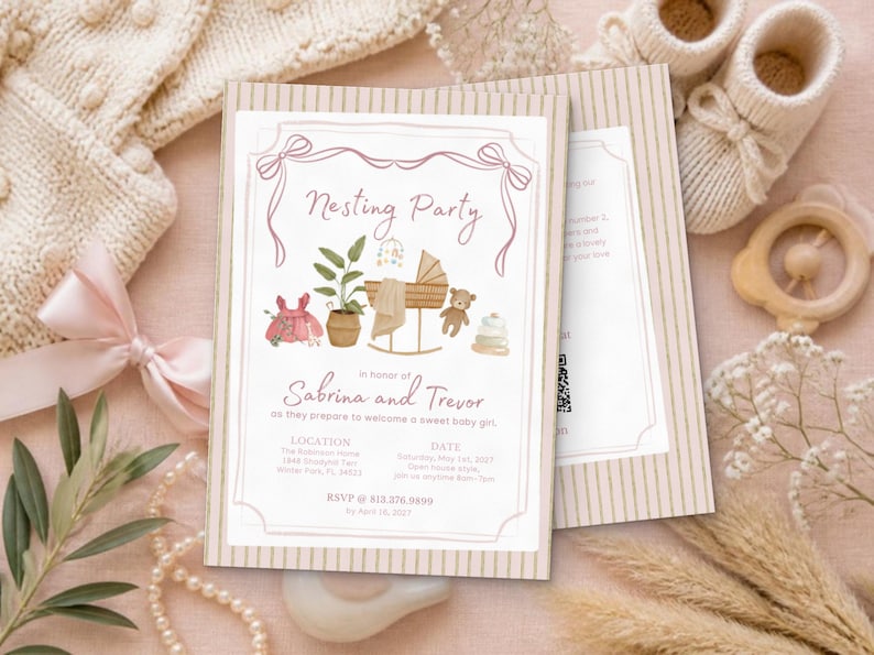 May include: A rectangular invitation card with a beige striped border and a white center featuring the text Nesting Party in honor of Sabrina and Trevor. The design includes illustrations of a baby bassinet, a potted plant, a teddy bear, and a dress.