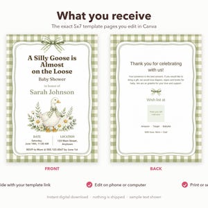 Silly Goose Baby Shower Invitation, Editable Canva Template, Sage Gingham Goose Shower Invite, Silly Goose on the Loose, Instant Download image 6