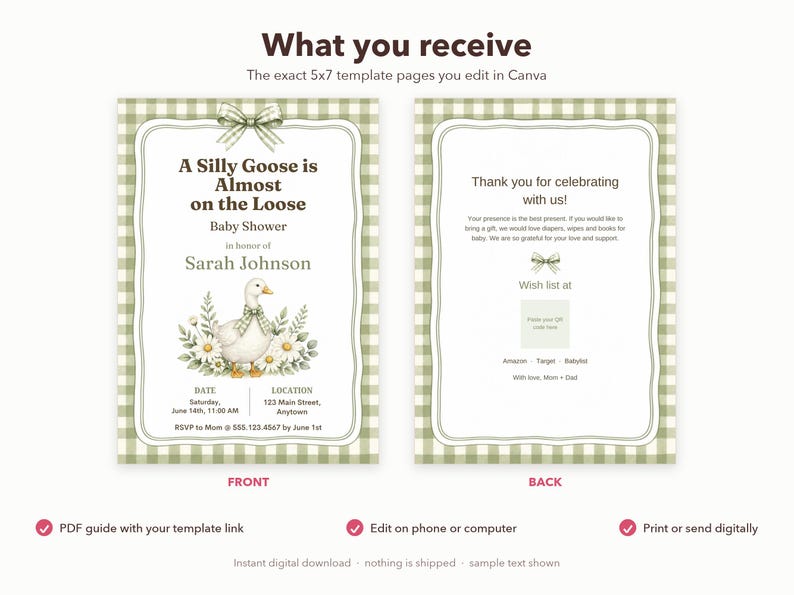 Silly Goose Baby Shower Invitation, Editable Canva Template, Sage Gingham Goose Shower Invite, Silly Goose on the Loose, Instant Download image 6
