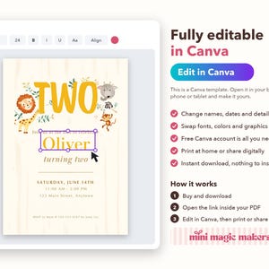 May include: A digital birthday invitation template featuring a cream background with a wood grain texture, yellow text reading TWO, and illustrations of a lion, giraffe, monkey, and elephant. The name Oliver is highlighted in a text box.